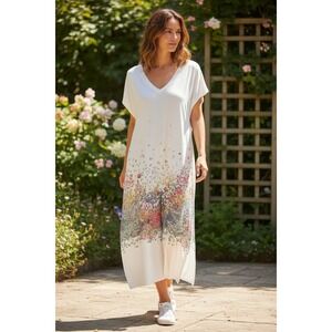 Noracora Floral Maxi Dress Womens S White V-Neck Jersey Knit Boho